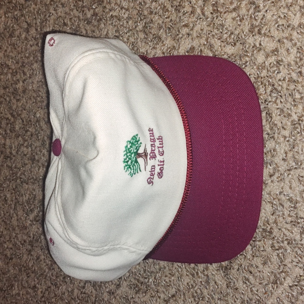 Vtg Duckster New Prague Golf Club Cream/Maroon Leather Strapback Hat Made in USA